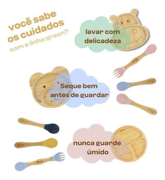 Imagem de Kit Alimentação Infantil Introdução Alimentar Prato Bambu Com Ventosa e Colher Silicone