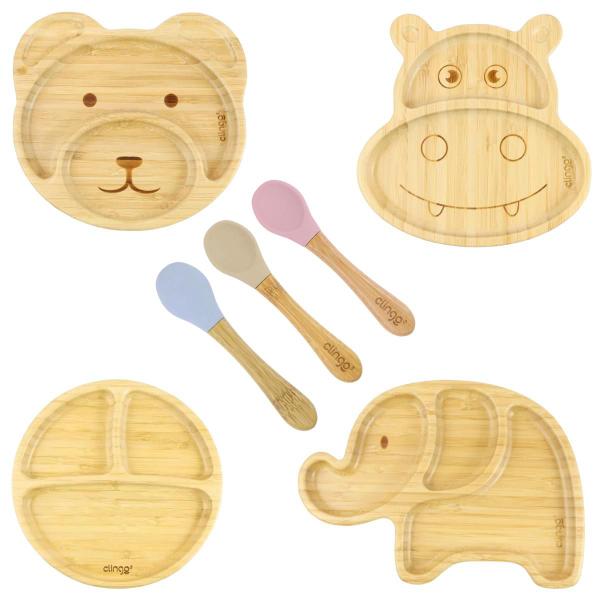 Imagem de Kit Alimentação Infantil Introdução Alimentar Prato Bambu Com Ventosa e Colher Silicone