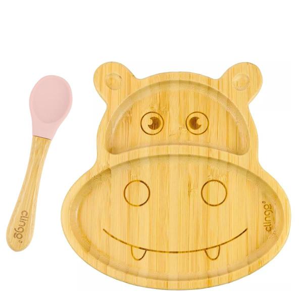 Imagem de Kit Alimentação Infantil Introdução Alimentar Prato Bambu Com Ventosa e Colher Silicone