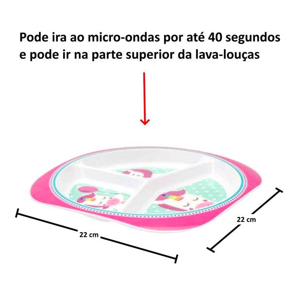 Imagem de Kit Alimentação Prato com Divisórias e Talheres Inox p/ Bebês Unicórnio Buba