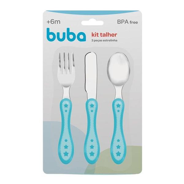 Imagem de Kit Alimentação Talher infantil Para Bebê 3 Peças Estrelinha Garfo Faca Colher em Inox Buba