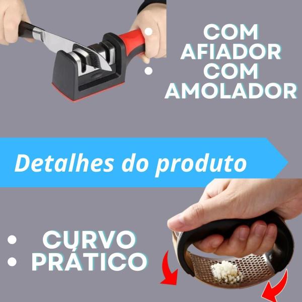 Imagem de Kit Amolador Facas +Amassador Triturador Alho Manual Cozinha