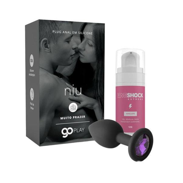 Imagem de Kit Anal Plug Silicone e Joia Preto Niu e Lubrificante Vibrante Loveshock Sabor Chiclete