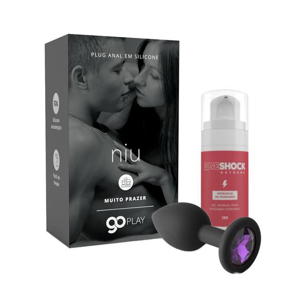 Imagem de Kit Anal Plug Silicone e Joia Preto Niu e Lubrificante Vibrante Loveshock Sabor Morango