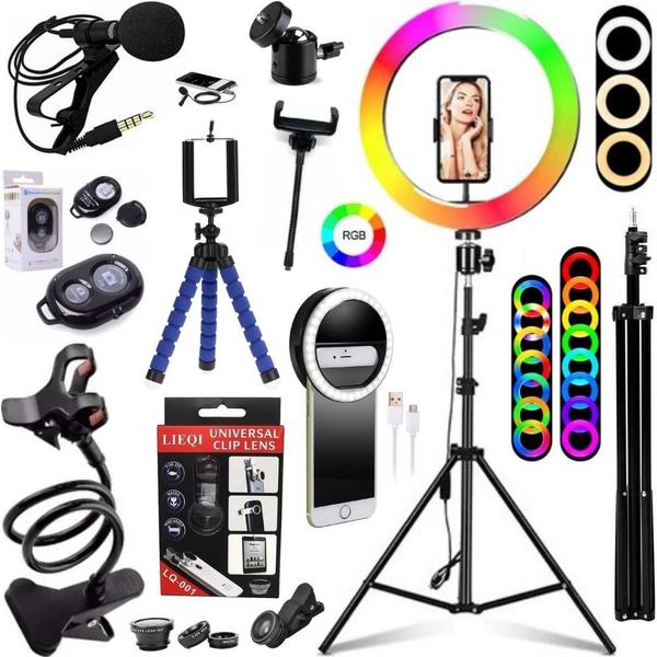 Imagem de Kit Anel de Luz Ring light Colorido Tripé Acessórios Celular Lente Microfone