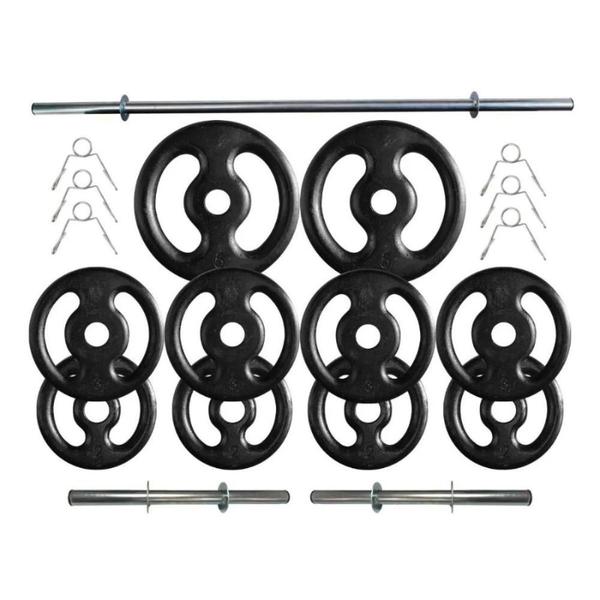 Imagem de Kit Anilhas de Ferro 30 Kg + 2 Barras de 40cm + Barra de 150cm