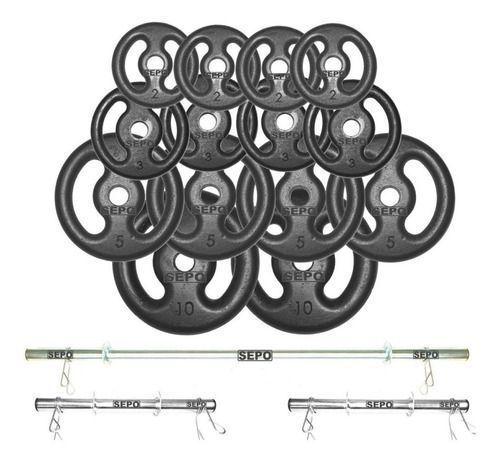 Imagem de Kit Anilhas Ferro Fundido 60 Kg + Barras Com Presilhas