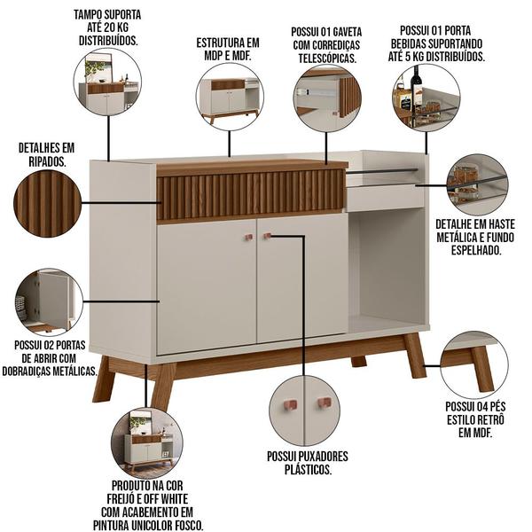 Imagem de Kit Aparador Buffet 02 Portas 01 Gaveta Mateo Cristaleira Geórgia L05 Freijó Off White - Lyam Decor