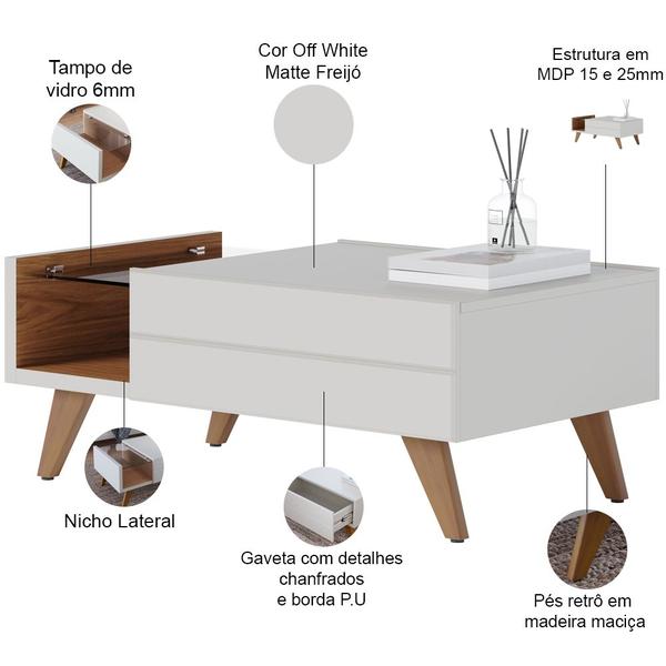 Imagem de Kit Aparador Buffet Íris 03 Portas Com Mesa De Centro Meira C04 Off White Matte Freijó - Lyam