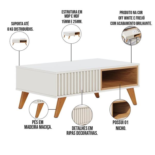 Imagem de Kit Aparador Para Sala De Estar Com Mesa De Centro Delta 01 Gaveta C04 Freijó Off White - Lyam Decor