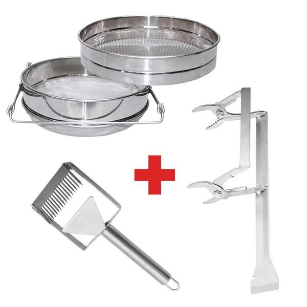 Imagem de Kit Apicultura Saca Quadros + Peneira inox + Garfo Inv. Inox