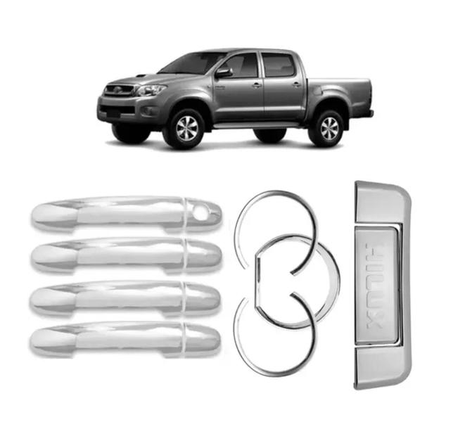 Imagem de Kit Aplique Maçaneta Traseira + 4 Aplique Maçaneta Lateral + Aplique Aro Painel Hilux 2005 até 2011