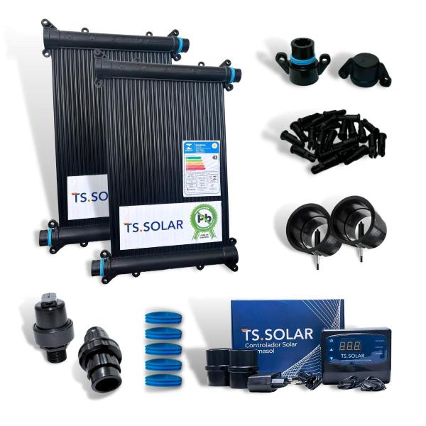 Imagem de Kit aquecedor solar piscina 14 placas 3mt+ contr tholz+valvs