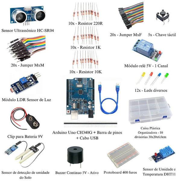 Imagem de Kit Arduino Uno e Sensores Intermediário com caixa Organizadora