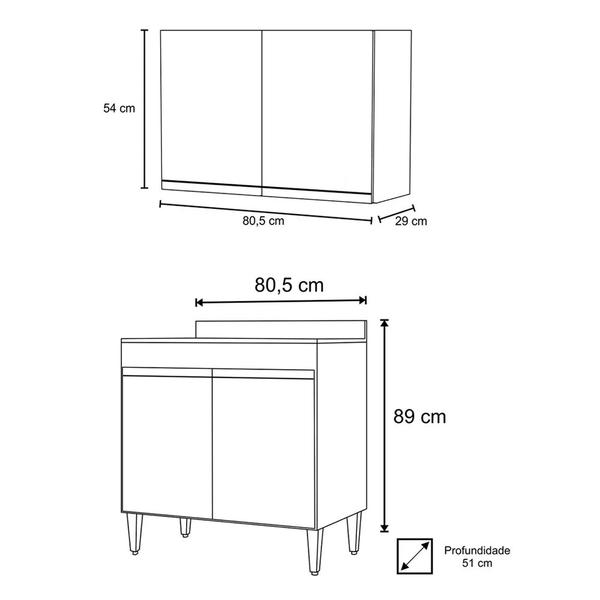 Imagem de Kit Armário Aéreo e Balcão para Cooktop de Cozinha 02 Portas Diana Branco e Preto 80 cm - D'Rossi