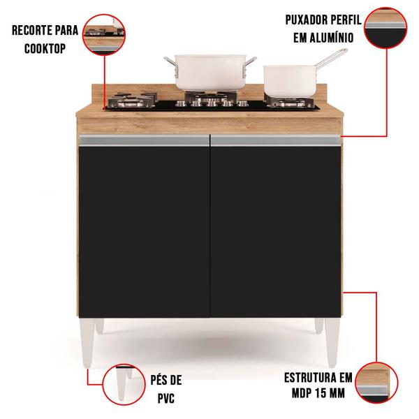 Imagem de Kit Armário Aéreo e Balcão para Cooktop de Cozinha 02 Portas Diana Castanho e Preto 80 cm - D'Rossi