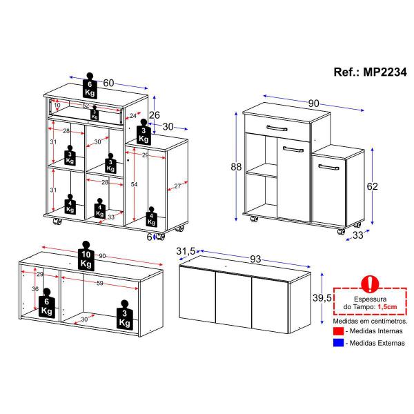 Imagem de Kit Armário de Cozinha 3 Portas com Balcão Multiuso Multimóveis MP2234