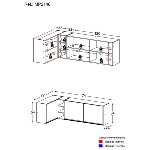 Imagem de Kit Armário de Cozinha Aéreo Canto 90cm e Aéreo 120cm Veneza Multimóveis MP2148