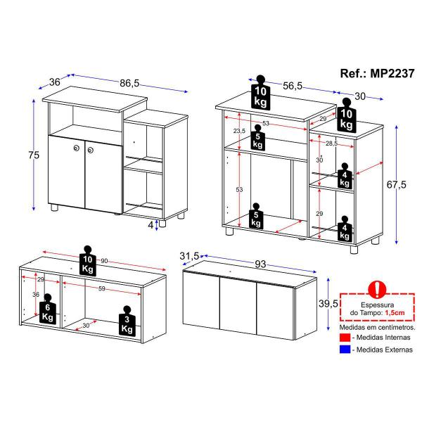 Imagem de Kit Armário de Cozinha c/ Balcão/Fruteira Multimóveis MP2237