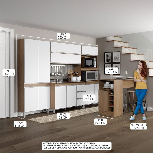 Imagem de Kit Armário para Cozinha com Bancada Ilha Sabrina 280 x 202 Cm 6 Peças MDP Branco MENU