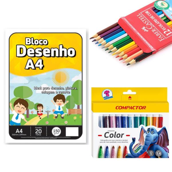 Imagem de Kit Artes Bloco Desenho Lápis de Cor Canetinha Hidrográfica