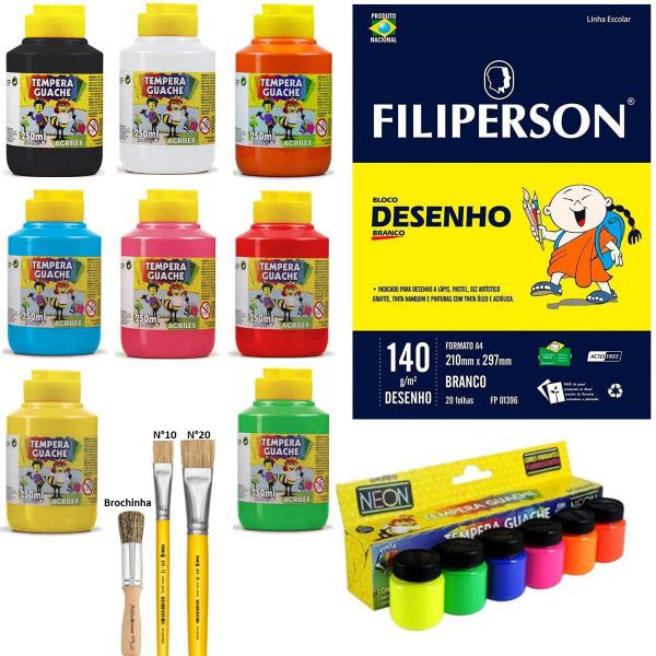 Imagem de Kit Artes Desenho 1 Filiper 3 Pincéis 8 Guaches 250ml 6 Neon