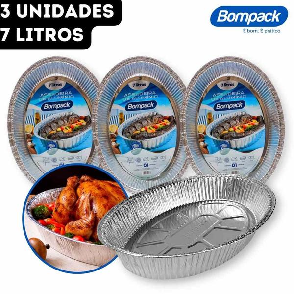 Imagem de Kit Assadeira de Alumínio Forma Oval Descartável Bompack - 7L 34x47x7,5cm - 3 Unidades