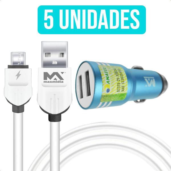 Imagem de Kit Atacado 5 Peças Carregador Veicular Turbo e Cabo V8 Micro Usb 3.1a