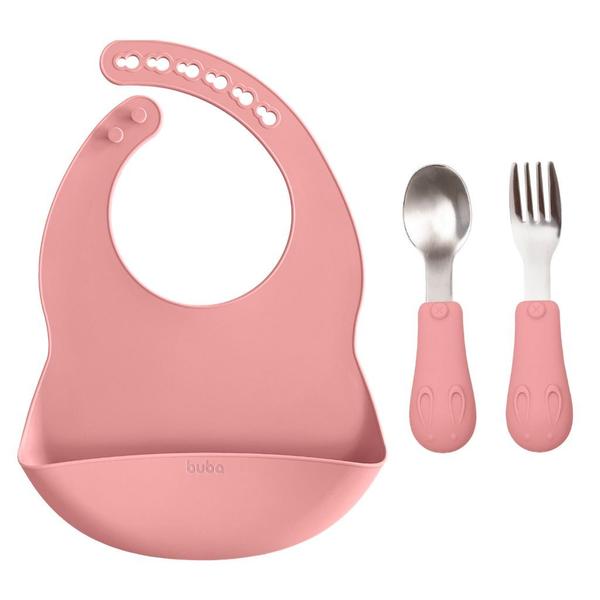 Imagem de Kit Babador Pega Migalhas E Talheres Em Silicone E Aço Inox Rosa Buba