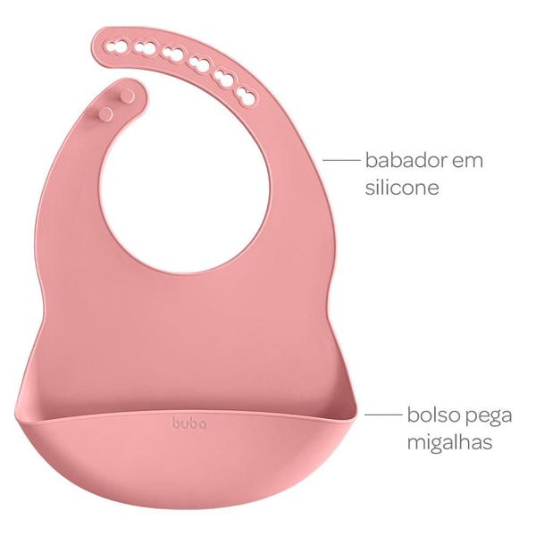 Imagem de Kit Babador Pega Migalhas E Talheres Em Silicone E Bambu Rosa Papinha Bebê Buba