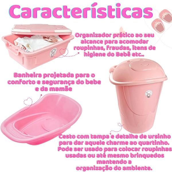 Imagem de Kit Baby Completo Cesto + Organizador + Banheira Rosa Verde Azul Memino Menina Presente