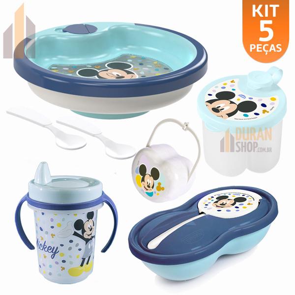 Imagem de Kit Baby Mickey Prato Térmico Infantil Dosador de leite em Pó Pote de Papinha Caneca Trio com Alça e Porta Chupeta