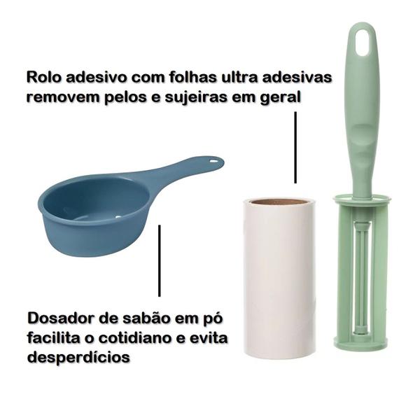 Imagem de Kit Bacia Plástica 14 Litros Porta Sabão Em Pó 1Kg Com Dosador Rolo Adesivo Para Limpeza Casa Lavanderia - Sanremo