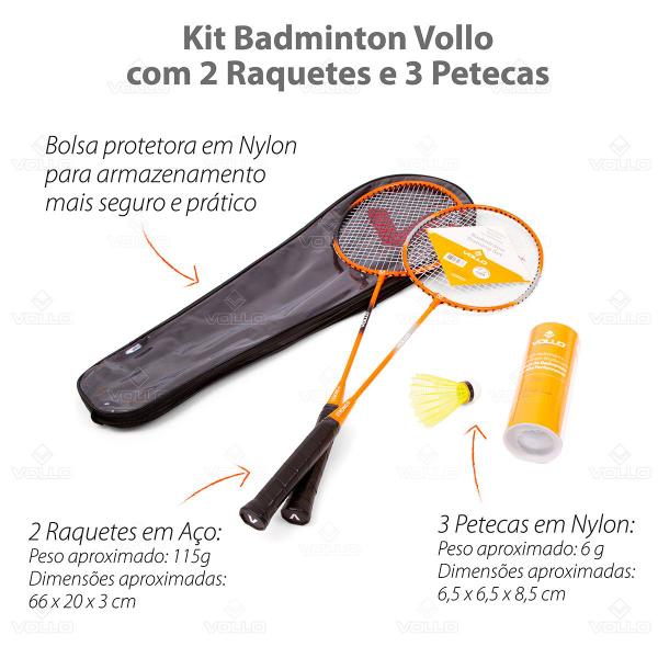 Imagem de Kit Badminton Com 2 Raquetes + 3 Petecas + Bolsa de Transporte Vollo