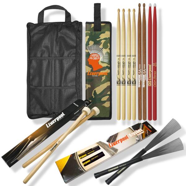 Kit Bag Com01 + Set De Baquetas Diversas Liverpool Imagem de Kit Bag Com01 + Set De Baquetas Diversas Liverpool