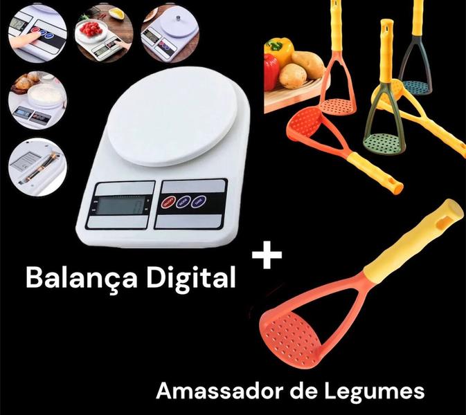 Imagem de Kit Balança De Cozinha Digital Alta Precisão 10kg Branca Dieta Confeitaria + Amassador De Batata Legumes Frutas Coloridos Plástico