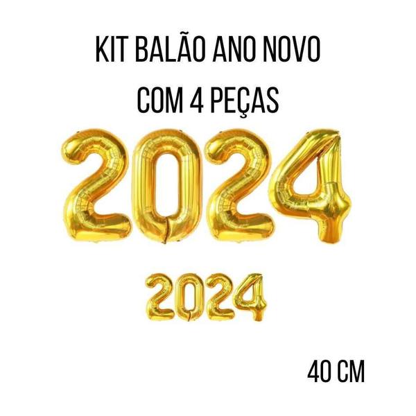 Imagem de Kit Balão Bexiga Metalizado 2024 Dourado Ano Novo Reveillon