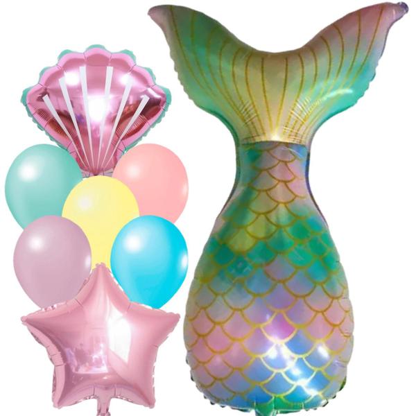 Imagem de KIT Balão Cauda De Sereia 85cm, Balão Concha Rosa 70cm, Balão Estrela 45cm, Balão Bexiga Candy 9Pol, KIT 28 UNIDADES