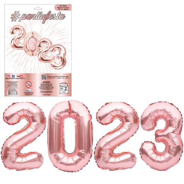 Imagem de Kit Balão Metalizado 2023 Rose 32X72 Cm Para O Ano Novo