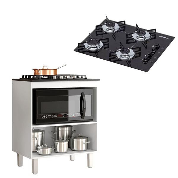 Imagem de Kit Balcão Cooktop Zanzini Master Branco sem Porta e Fogão Cooktop 4 Bocas Ultrachama Chamalux