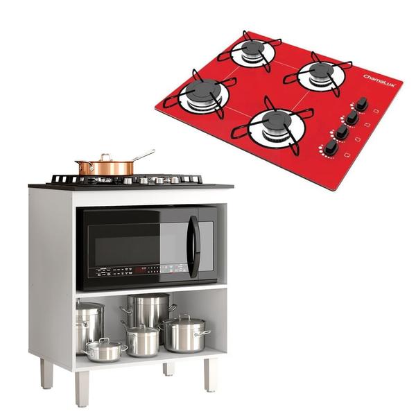 Imagem de Kit Balcão Cooktop Zanzini Master Branco sem Porta e Fogão Cooktop Ultrachama 4 Bocas Chamalux Vermelho Trempe Aramada