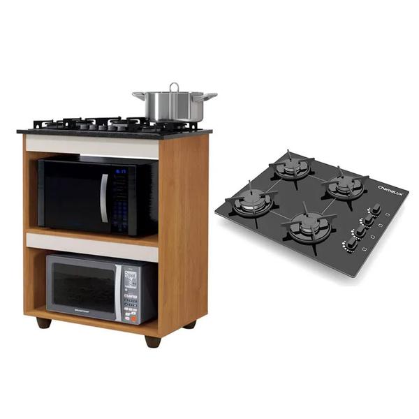 Imagem de Kit Balcão para Cooktop Cozinha Kaiki Turim com Fogão Cooktop Chef 4 Bocas Ultra Chama Preto Chamalux