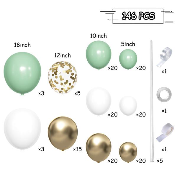 Imagem de Kit Balloon Garland Arch MEBAY Sage Green White Gold 146 unidades