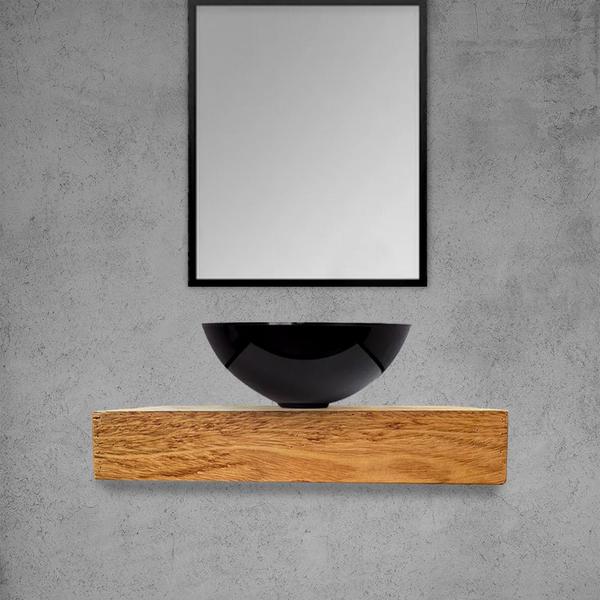 Imagem de Kit Bancada Madeira Maciça Banheiro Lavabo com Cuba Preta Estilo Industrial 1,0 M X 40 Cm