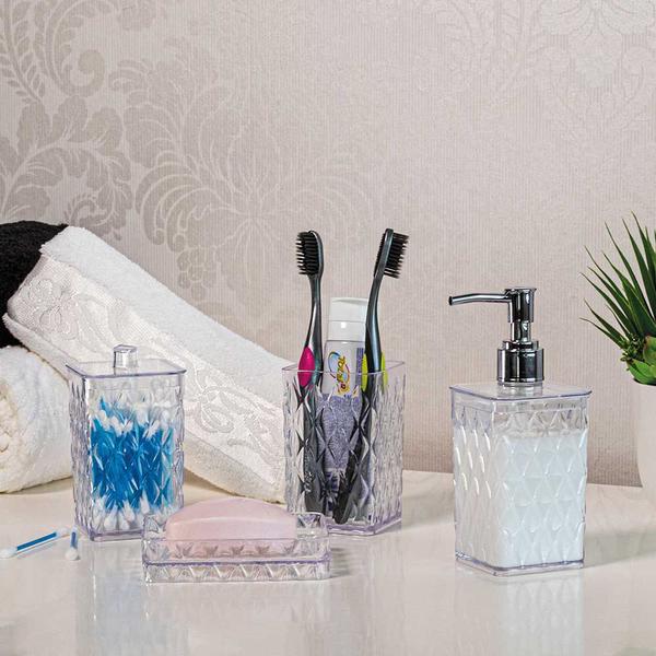 Imagem de Kit bandeja cristal decorar recepção bancada lavabo dispenser álcool gel sabão líquido porta algodão