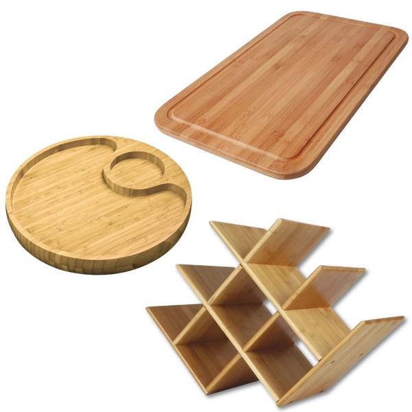 Imagem de Kit Bandeja em Bambu + Tabua para Cortar Carne 50 X 30cm + Adega Suporte Porta Garrafa de Vinho em Bambu Mor