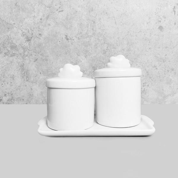 Imagem de Kit Bandeja Porta Algodão E Cotonete Porcelana Nuvem Branco