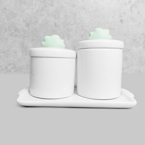 Imagem de Kit Bandeja Porta Algodão E Cotonete Porcelana Nuvem Verde