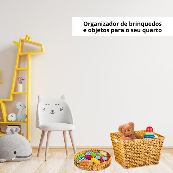 Imagem de Kit Bandejas redonda e Cesto Palha fibra Natural organizar cozinha quarto banheiro lavanderia jardim