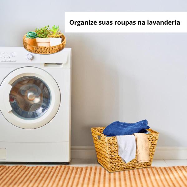 Imagem de Kit Bandejas redonda e Cesto Palha fibra Natural organizar cozinha quarto banheiro lavanderia jardim